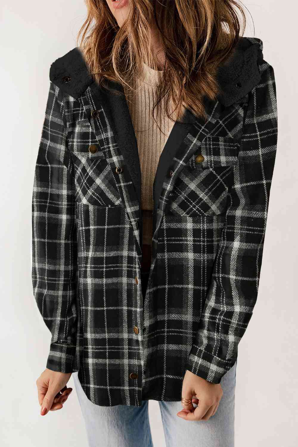 FashionToFigureTrends Plaid Snap Down Hooded Jacket