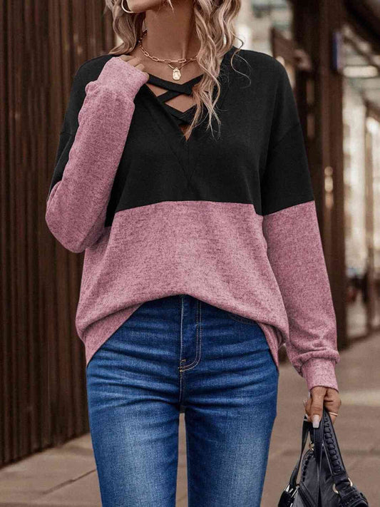 Full Size Two-Tone Crisscross Detail Sweatshirt