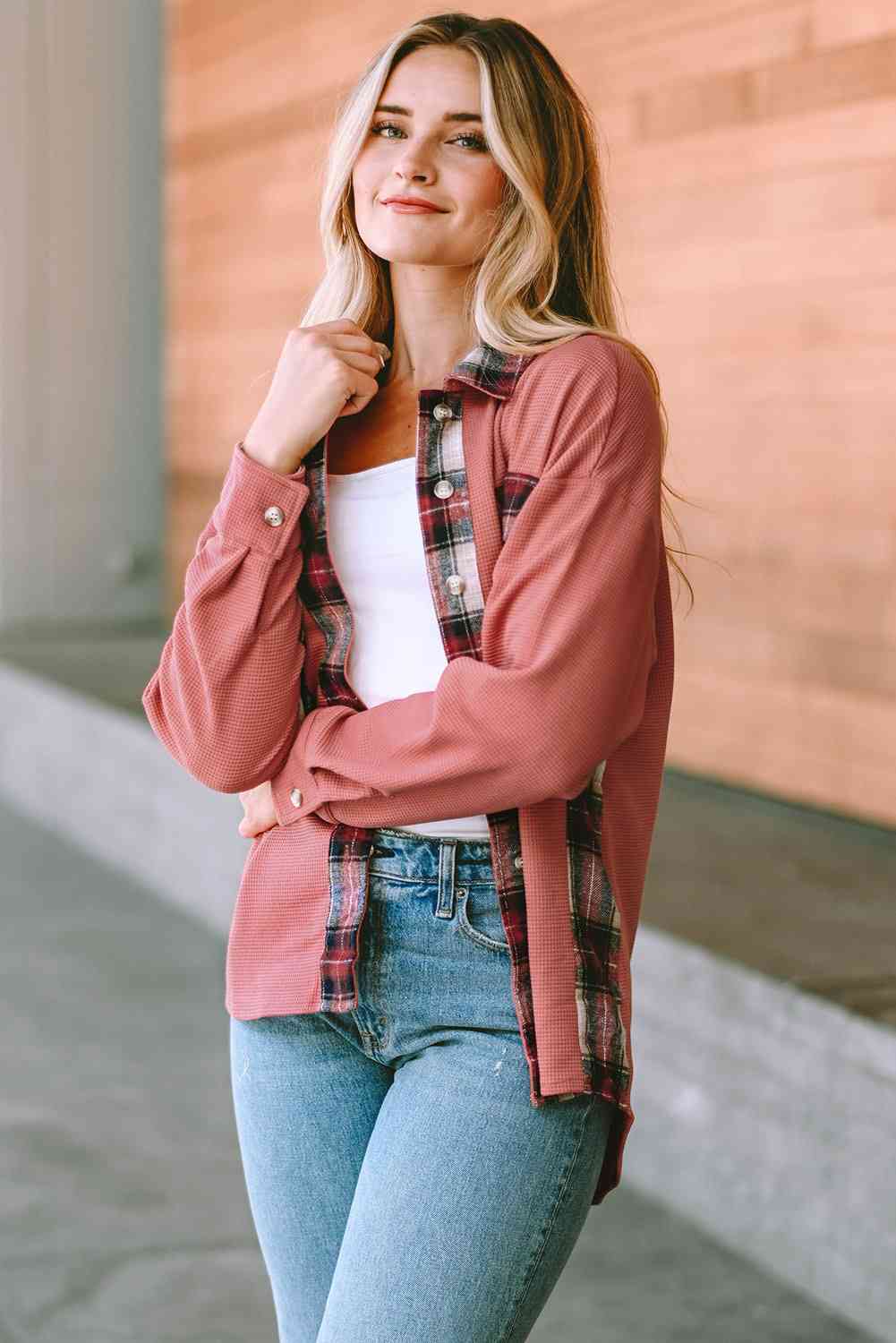 Full Size Plaid Button Down Collared Jacket