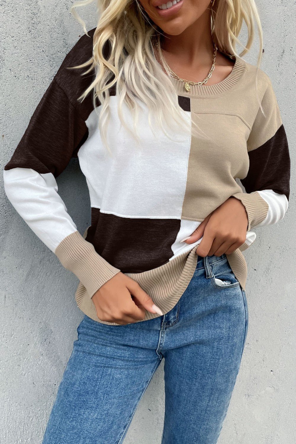Women's Color Block Ribbed Trim Round Neck Knit Pullover