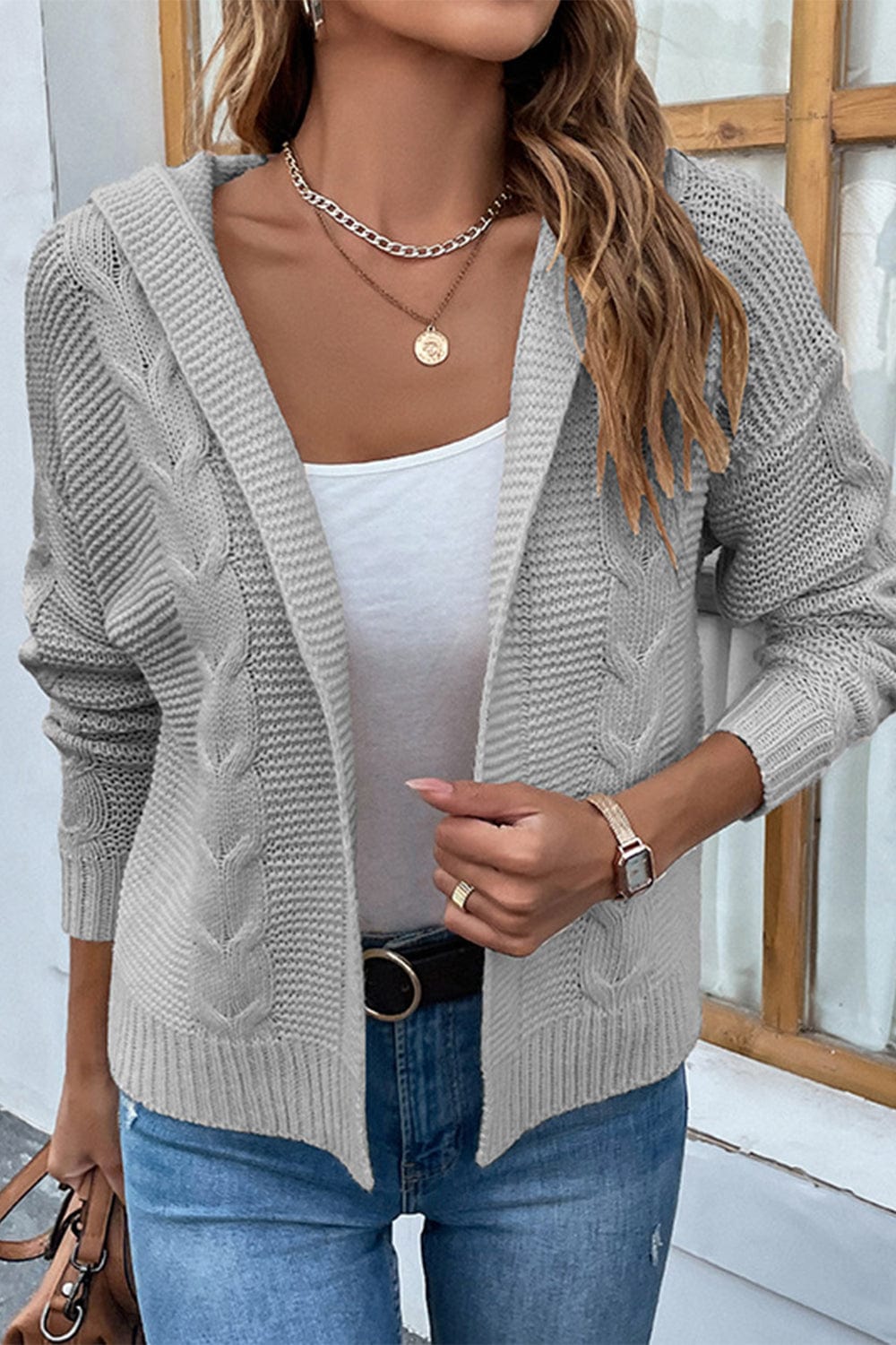 LakenLea Cable-Knit Dropped Shoulder Hooded Cardigan