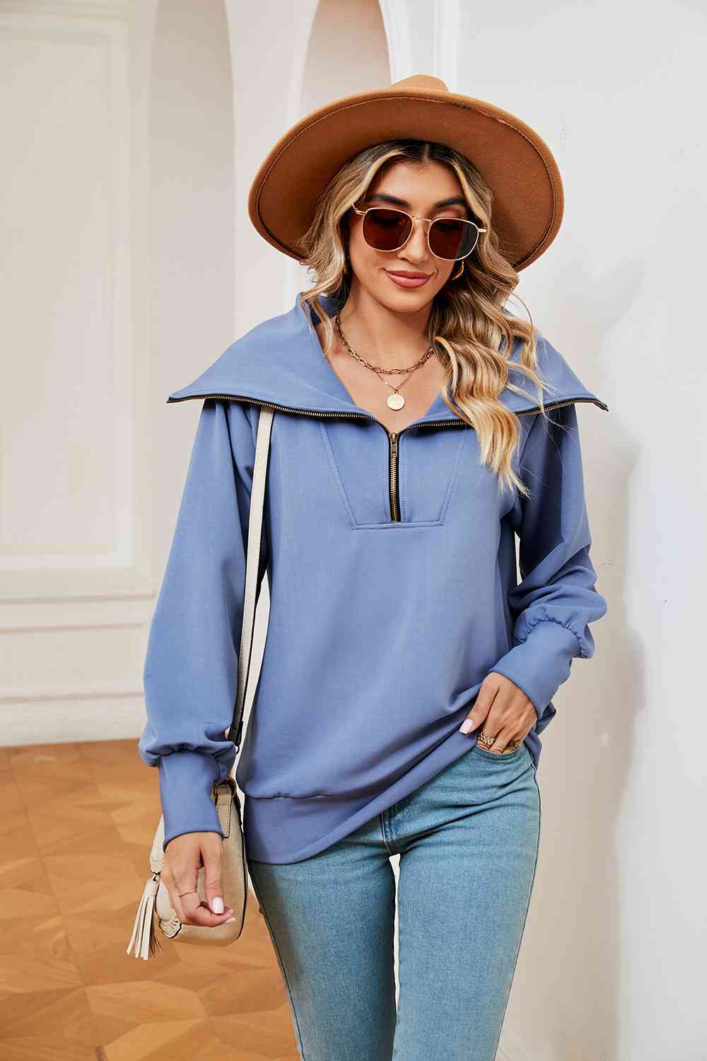 Full Size Half-Zip Collared Sweatshirt