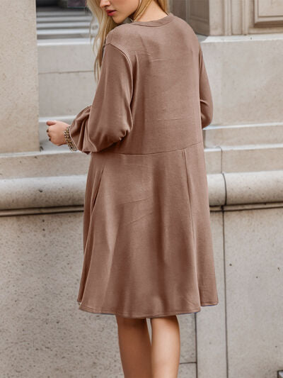 Half Button V-Neck Mocha Brown Long Sleeve Dress with Pockets