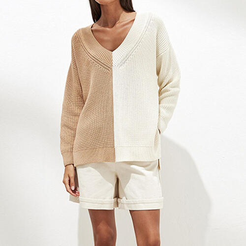 Contrast V-Neck Drop Shoulder Slit Sweater