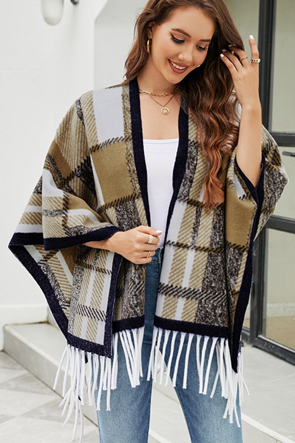 One Size Cloak Sleeve Fringe Detail Poncho