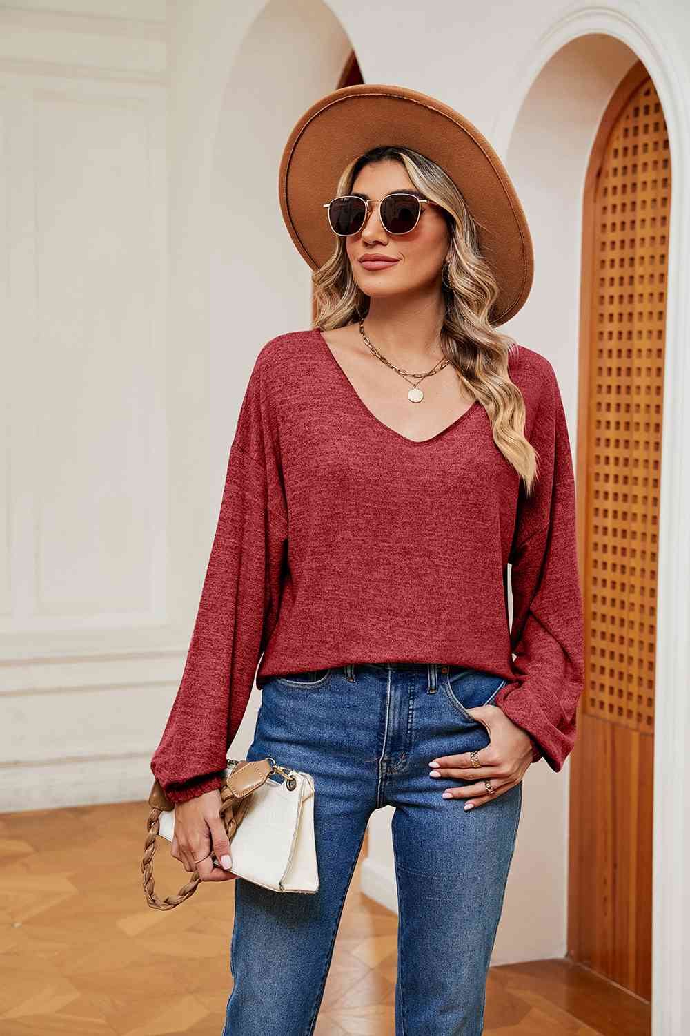 Full Size V-Neck Long Sleeve Top