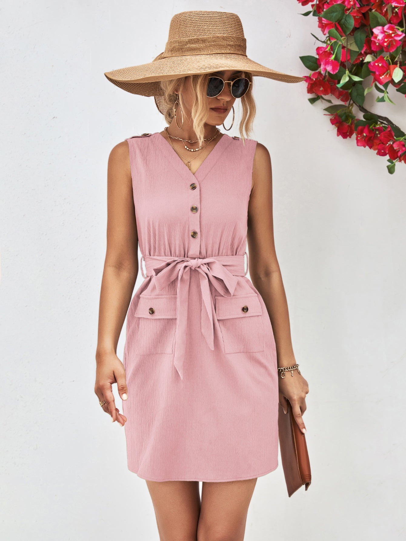 Buttoned V-Neck Belted Sleeveless Mini Dress