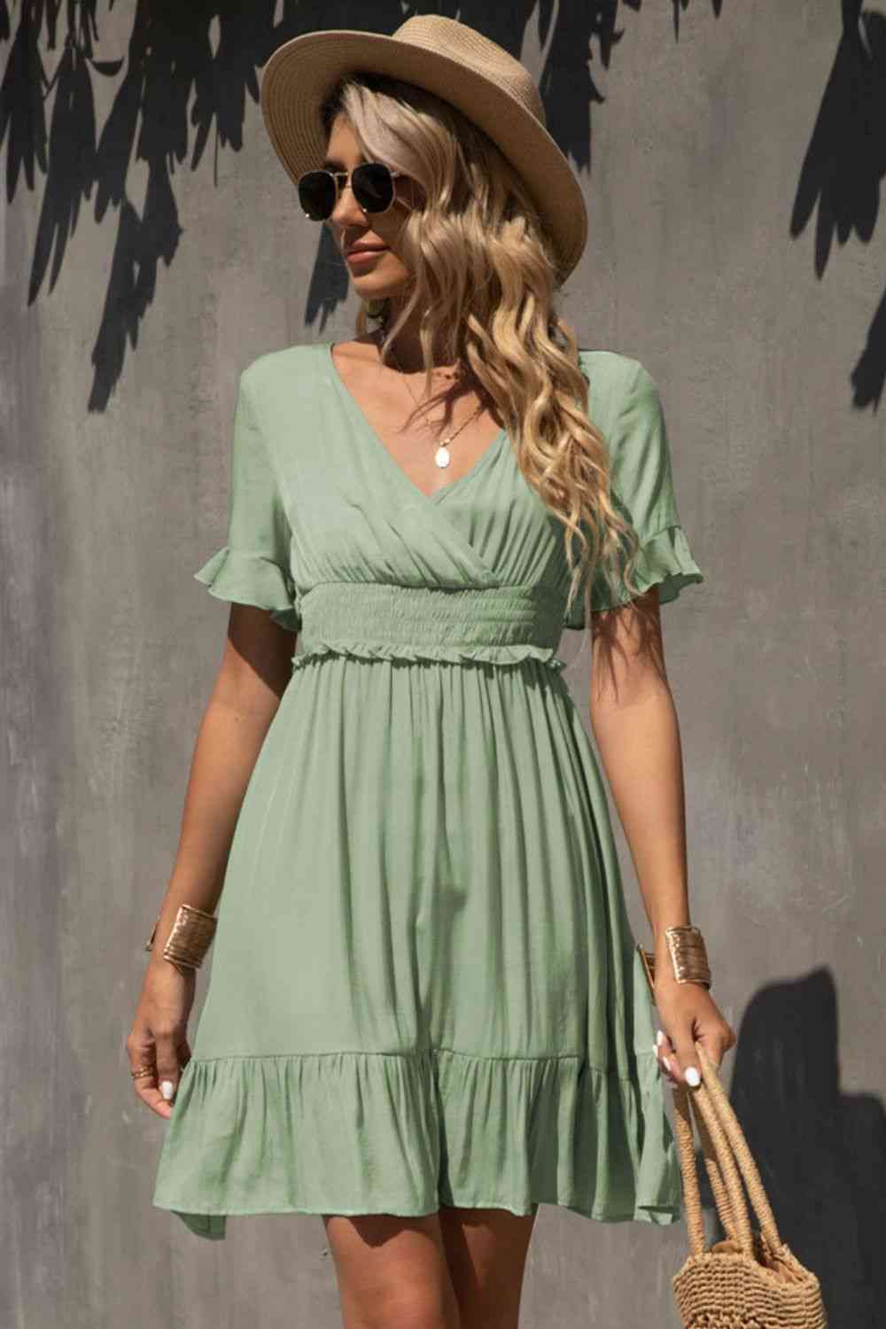 Women's Gum Leaf Green Smocked Waist Flounce Sleeve Ruffle Hem Dress