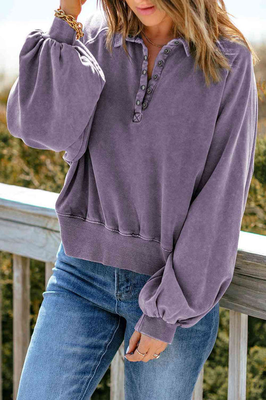 Full Size Quarter-Snap Collared Lantern Sleeve Sweatshirt