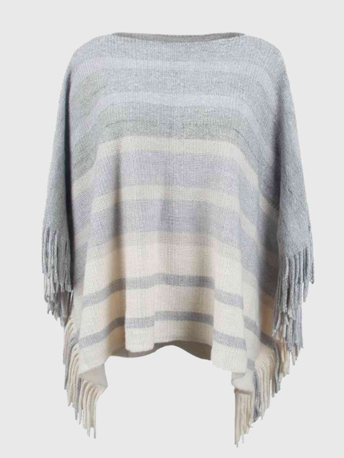 One Size Striped Boat Neck Poncho with Fringes