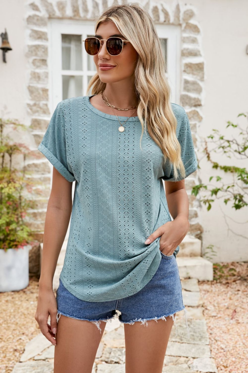 Malibu Dreams Full Size Round Neck Eyelet Short Sleeve Top