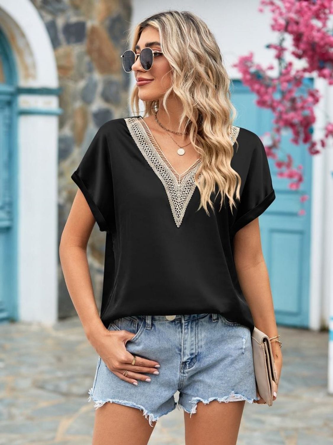 Full Size V-Neck Cuffed Blouse