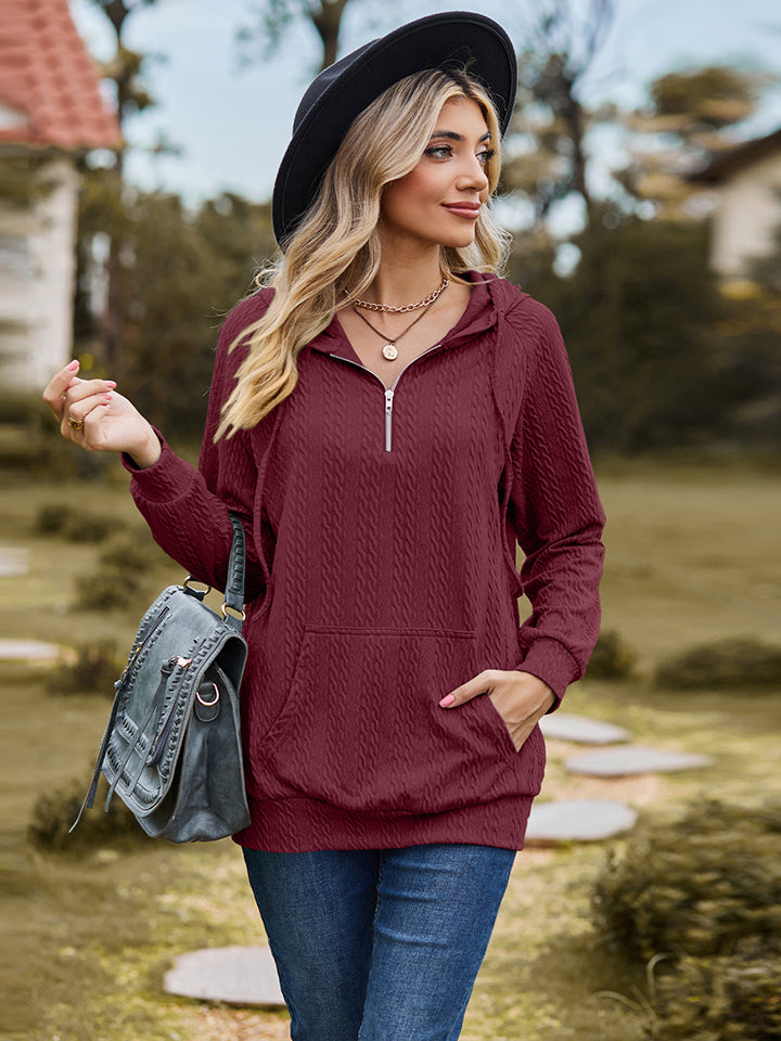 Full Size Cable-Knit Zip-Up Hooded Blouse