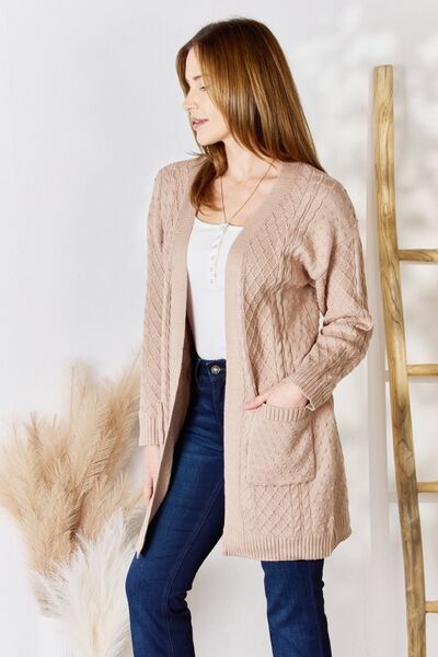 Hailey & Co Full Size Cable-Knit Pocketed Mocha Brown Cardigan