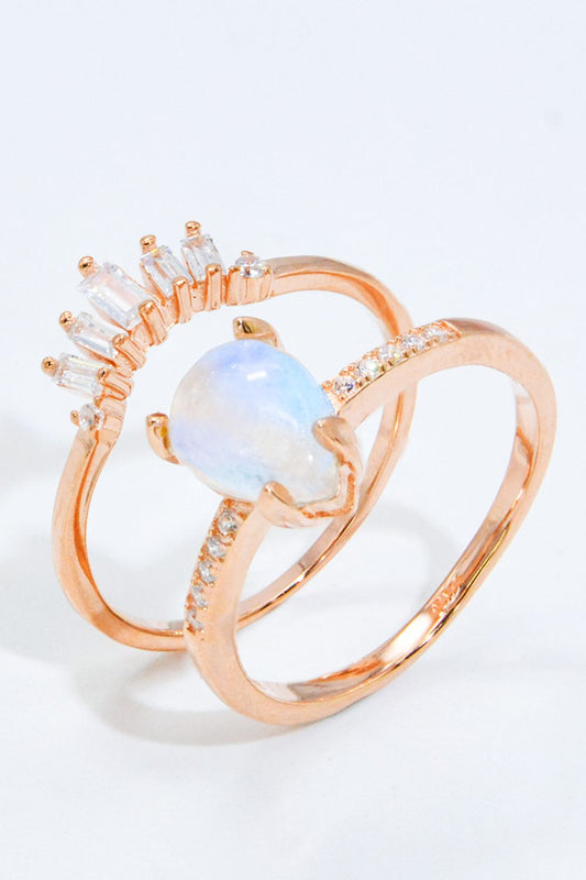 Women's Natural Moonstone and Zircon 18K Rose Gold-Plated Two-Piece Ring Set