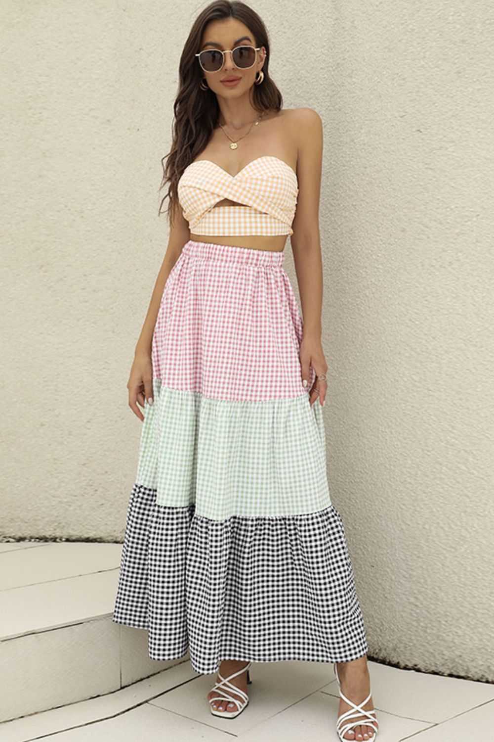 Women's Full Size Plaid Strapless Top and Tiered Skirt Set