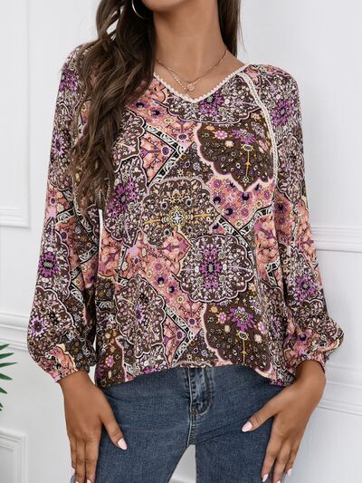 Lace Detail Printed V-Neck Blouse