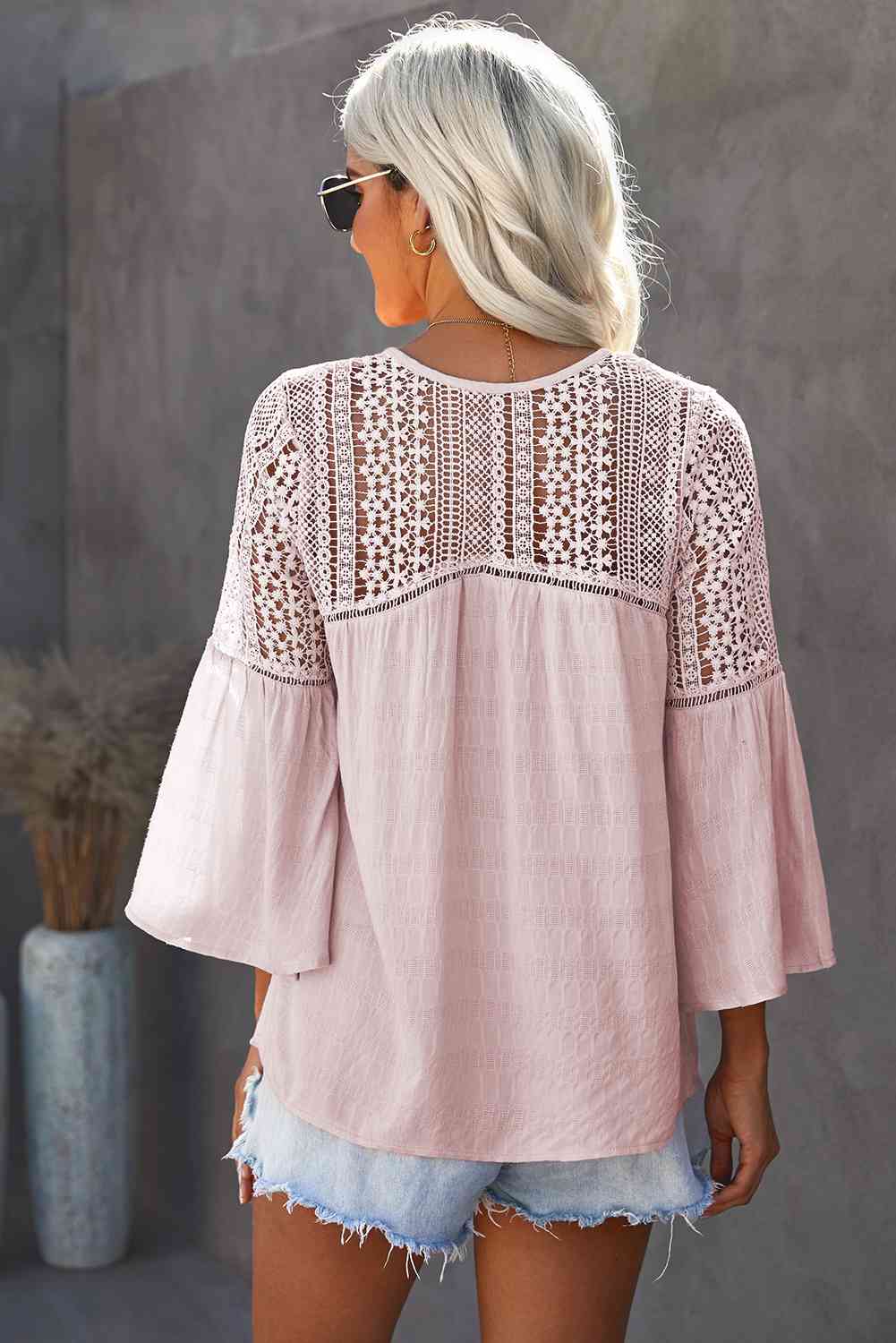 FULL SIZE Flare Sleeve Spliced Lace V-Neck Shirt