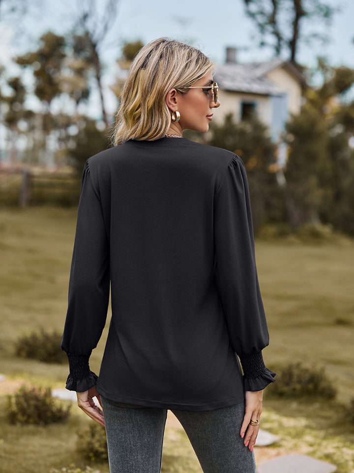 Full Size Notched Neck Flounce Sleeve Blouse