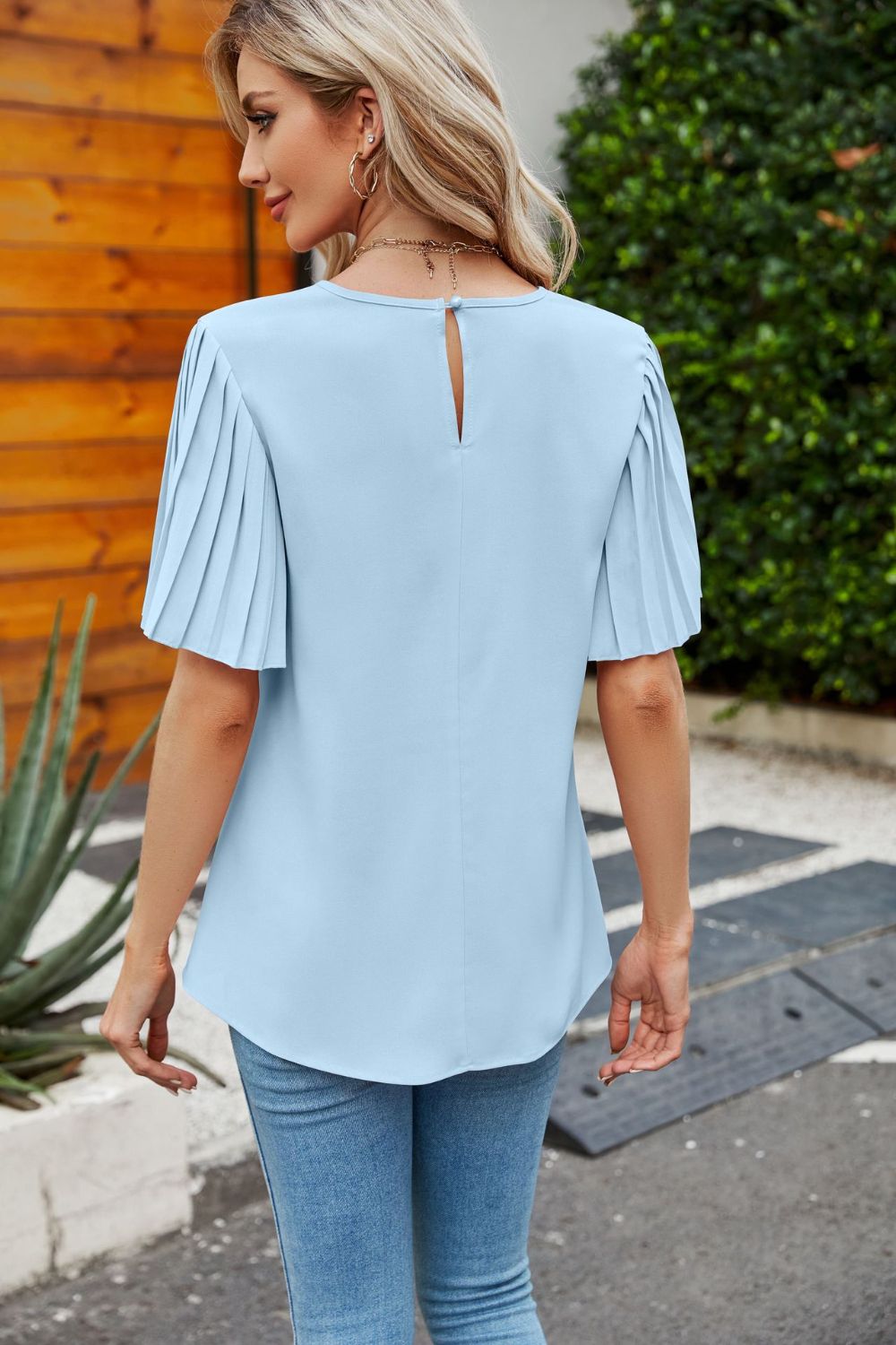 Women's Full Size Pleated Flutter Sleeve Round Neck Blouse