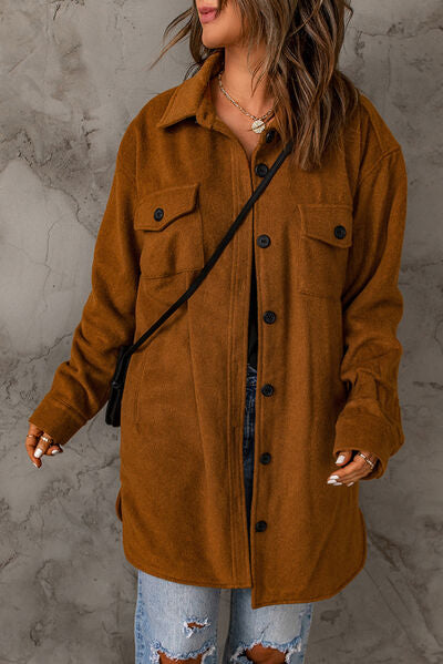 Chestnut Brown Pocketed Button Up Dropped Shoulder Jacket