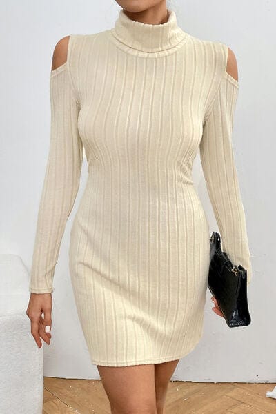 Larissa Bea Ribbed Turtleneck Cold Shoulder Long Sleeve Mini Dress