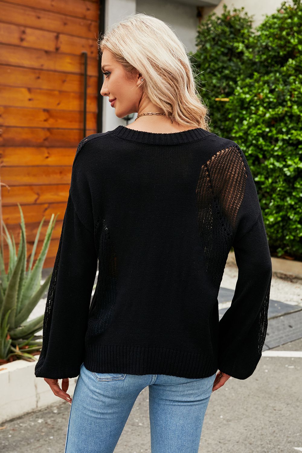 Beauteous Openwork Round Neck Dropped Shoulder Knit Top