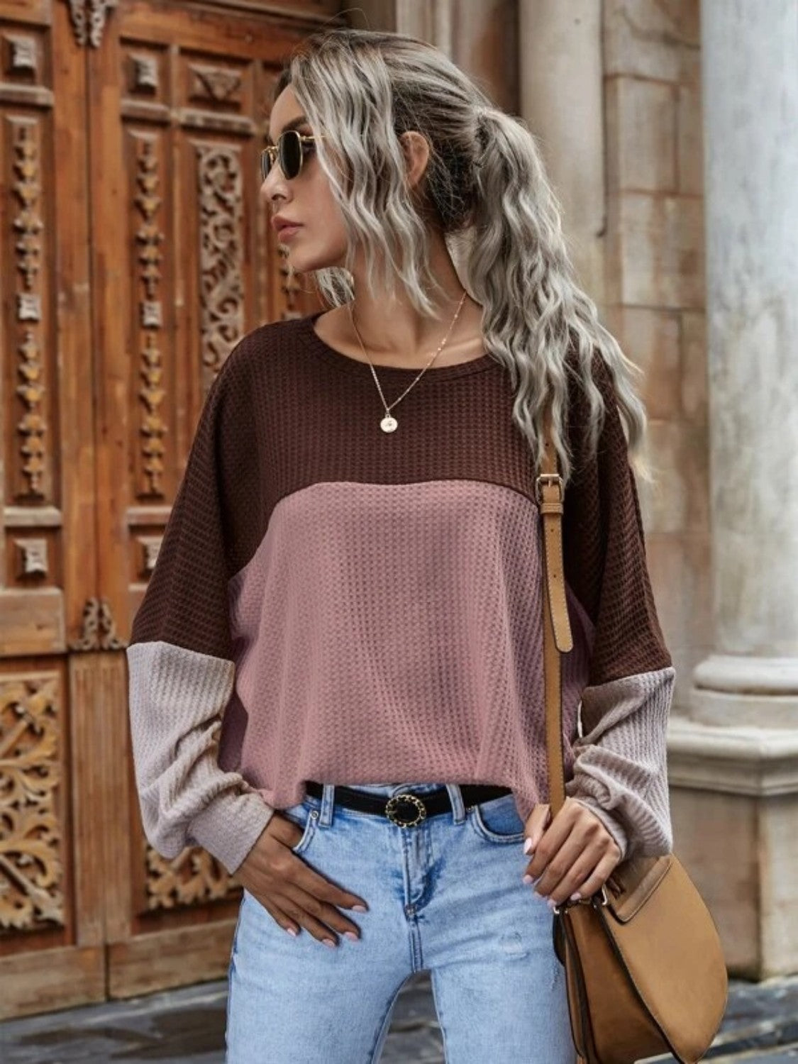 Full Size Color Block Waffle-Knit Long Sleeve Top