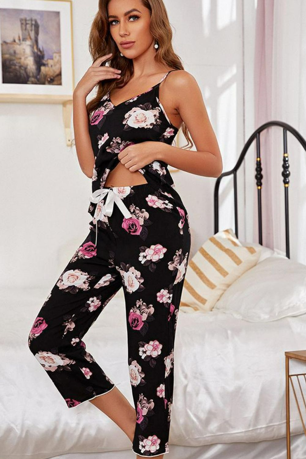 Women's Floral V-Neck Cami and Cropped Pants Lounge Set