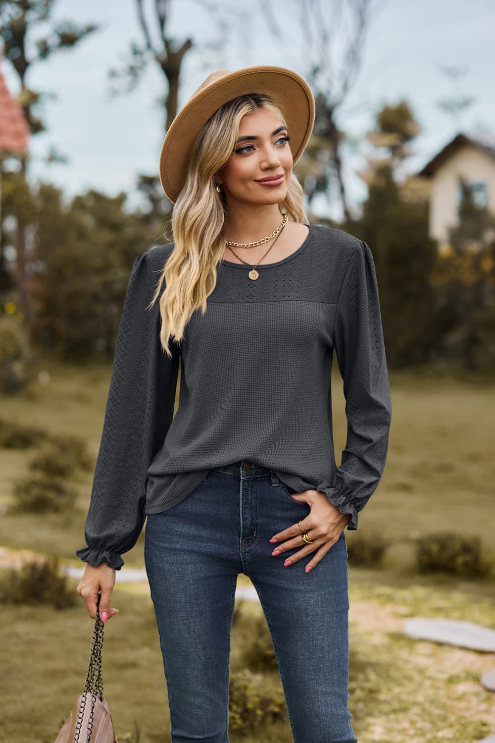 Full Size Round Neck Puff Sleeve Blouse