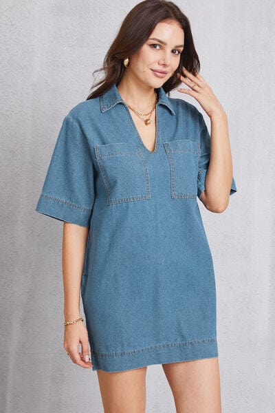 Larissa Bea Pocketed Collared Neck Mini Denim Dress