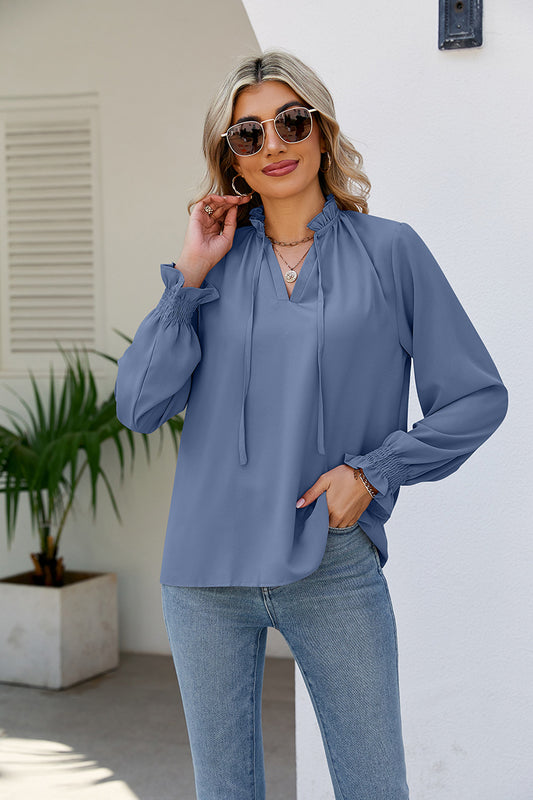 Full Size Tie Neck Flounce Sleeve Blouse