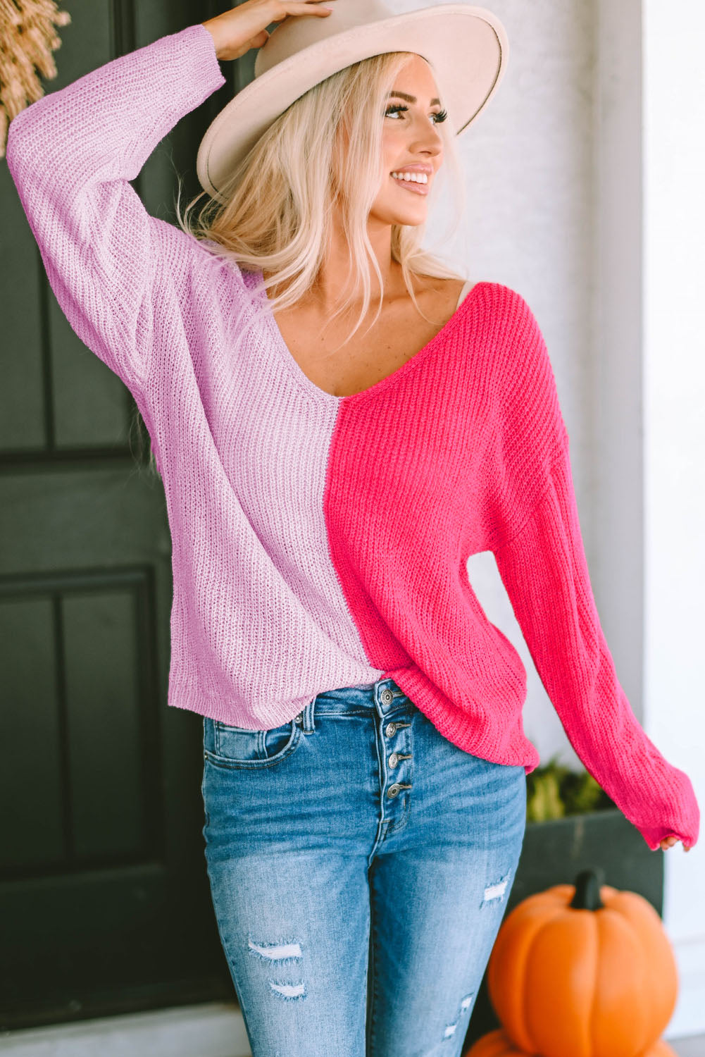 Malibu Dreams Contrast Color V-Neck Long Sleeve Pullover Sweater