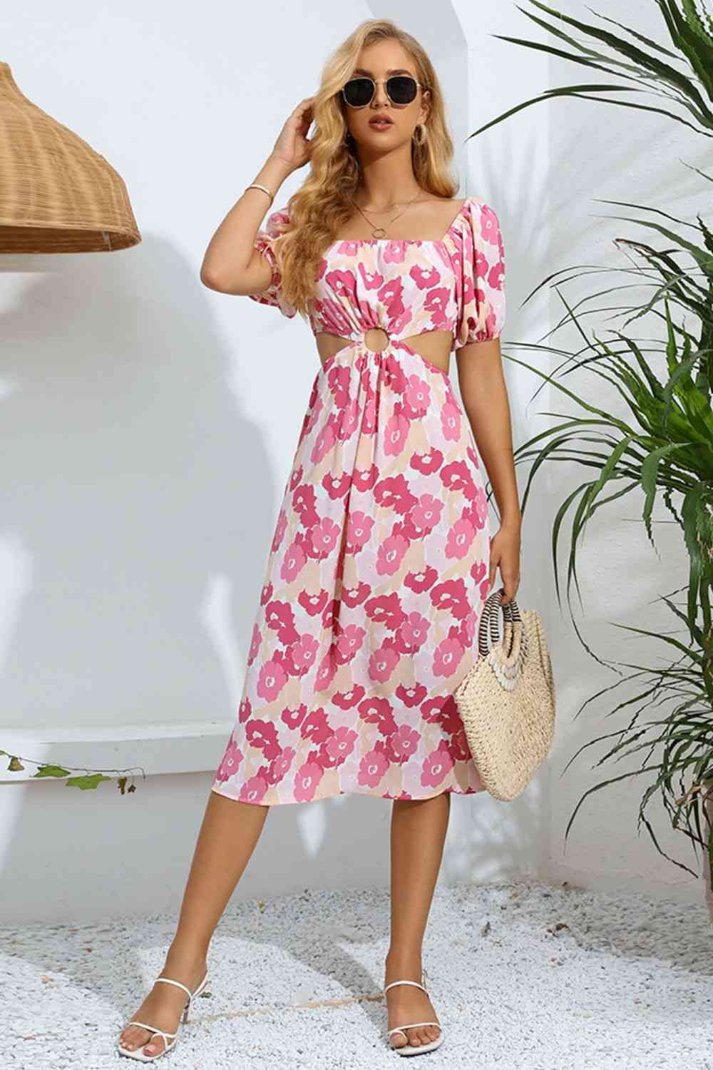 Carnation Pink Floral Cutout Square Neck Puff Sleeve Dress