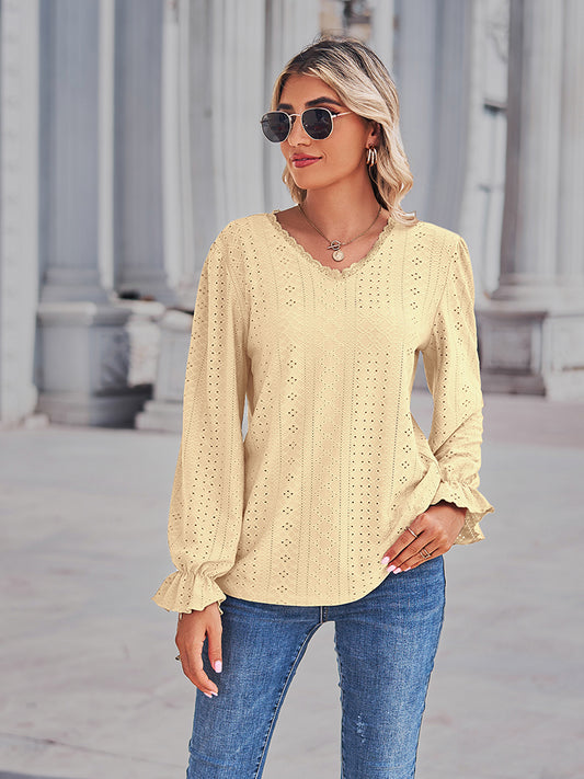 Full Size Eyelet V-Neck Flounce Sleeve Blouse