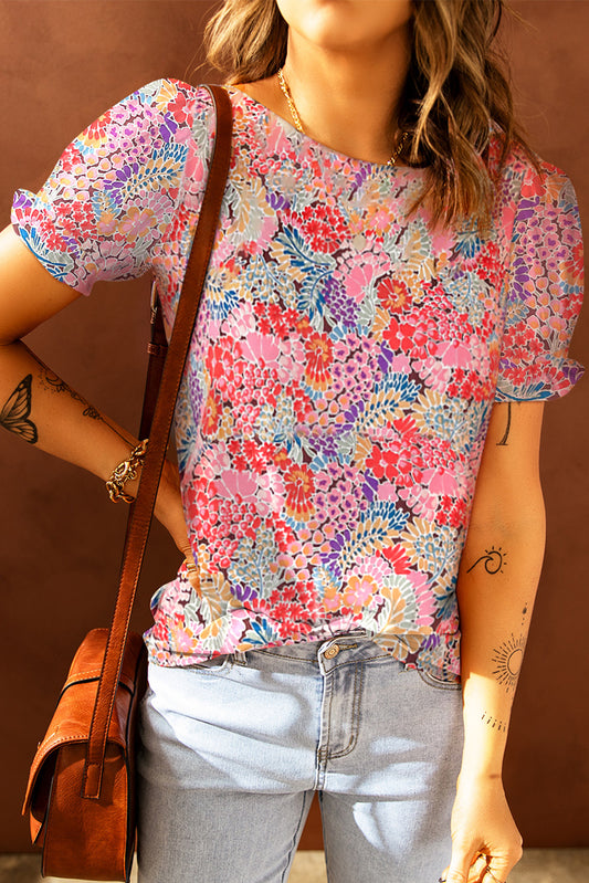 Full Size Floral Short Flounce Sleeve Blouse