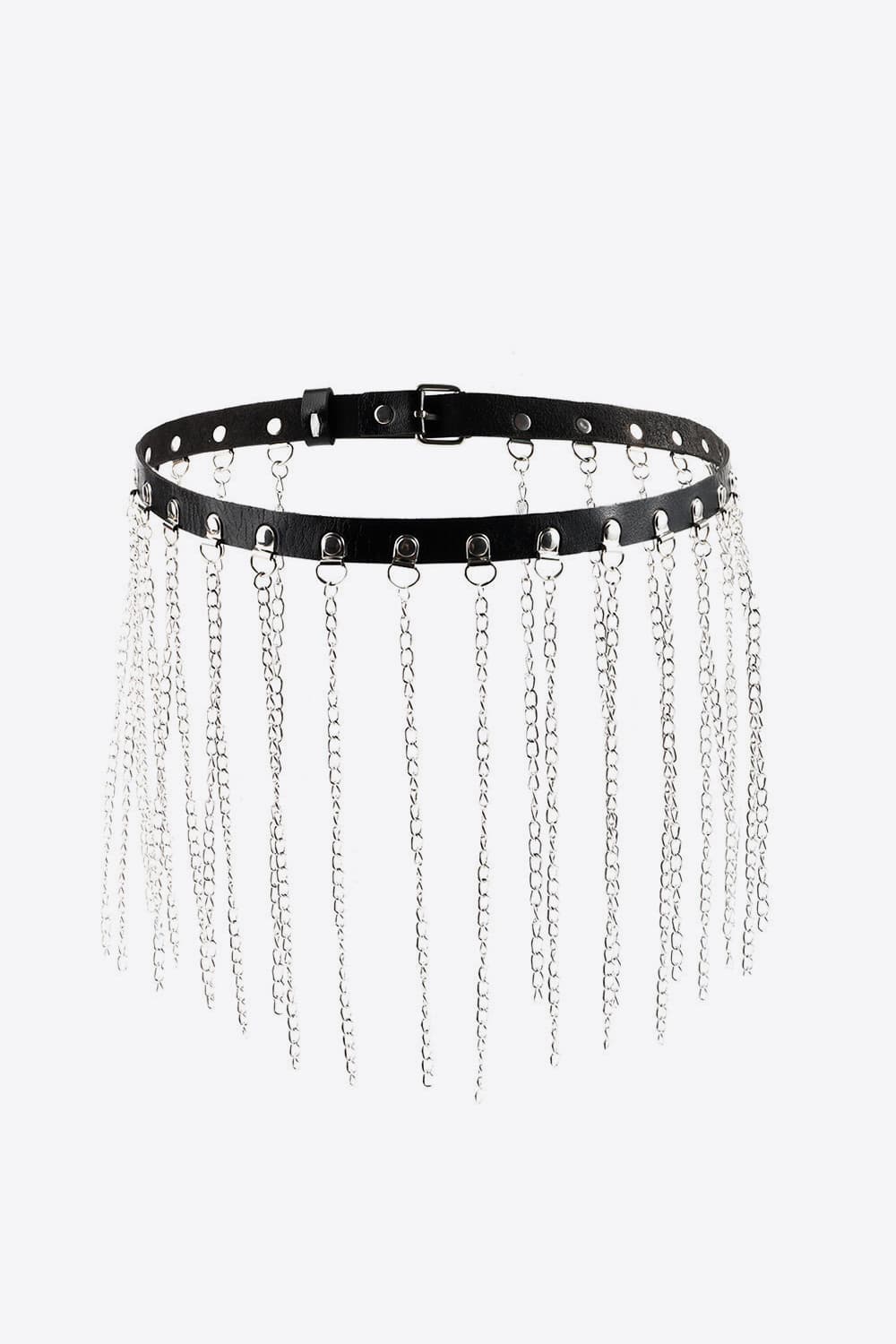 Silver One Size Fringed Chain PU Leather Belt