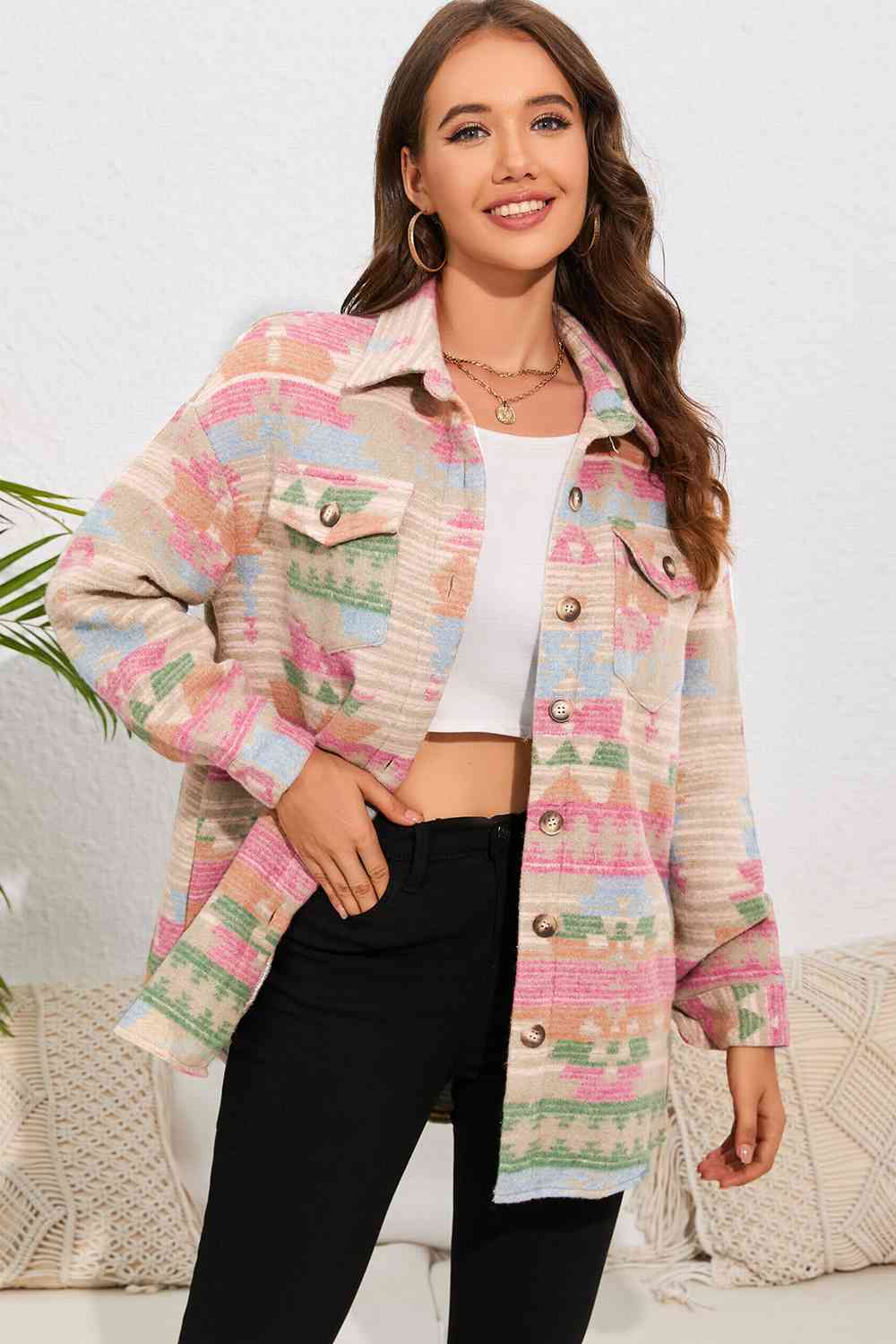 Quinn Cora Full Size Geometric Button Down Collared Jacket