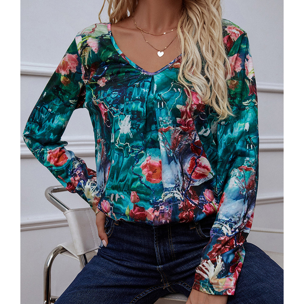 Full Size Printed V-Neck Long Sleeve Blouse