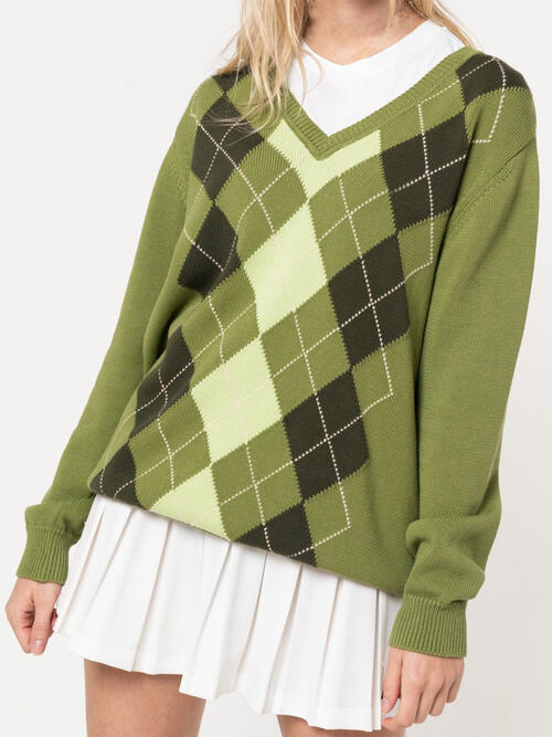 Geometric V-Neck Long Sleeve Sweater