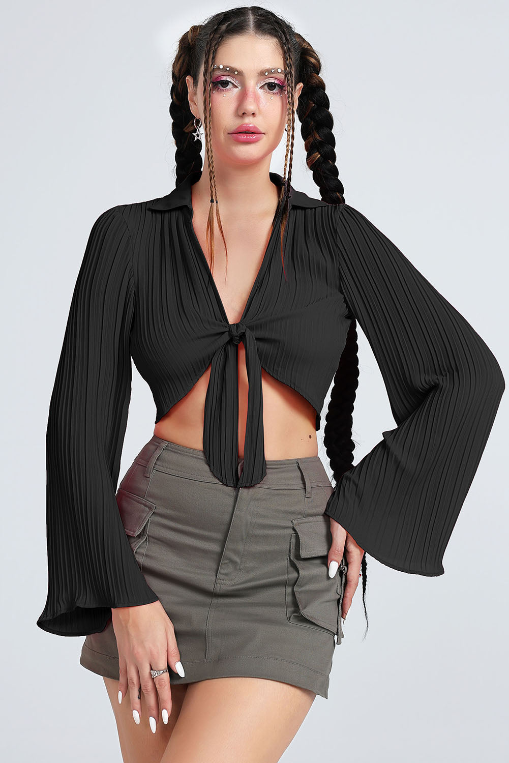 Malibu Dreams Tie Front Johnny Collar Flare Sleeve Cropped Top