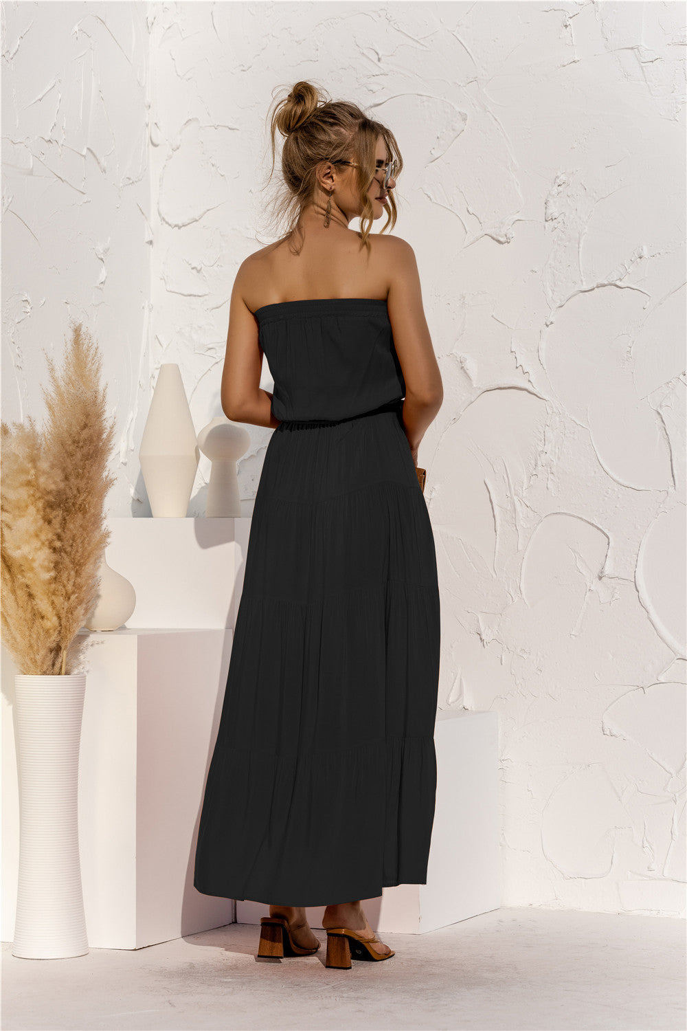 Women's Strapless Tie Waist Tiered Maxi Dress