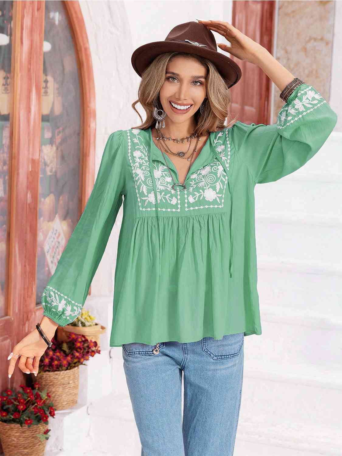 Aurora Lea Floral Tie Neck Balloon Sleeve Blouse