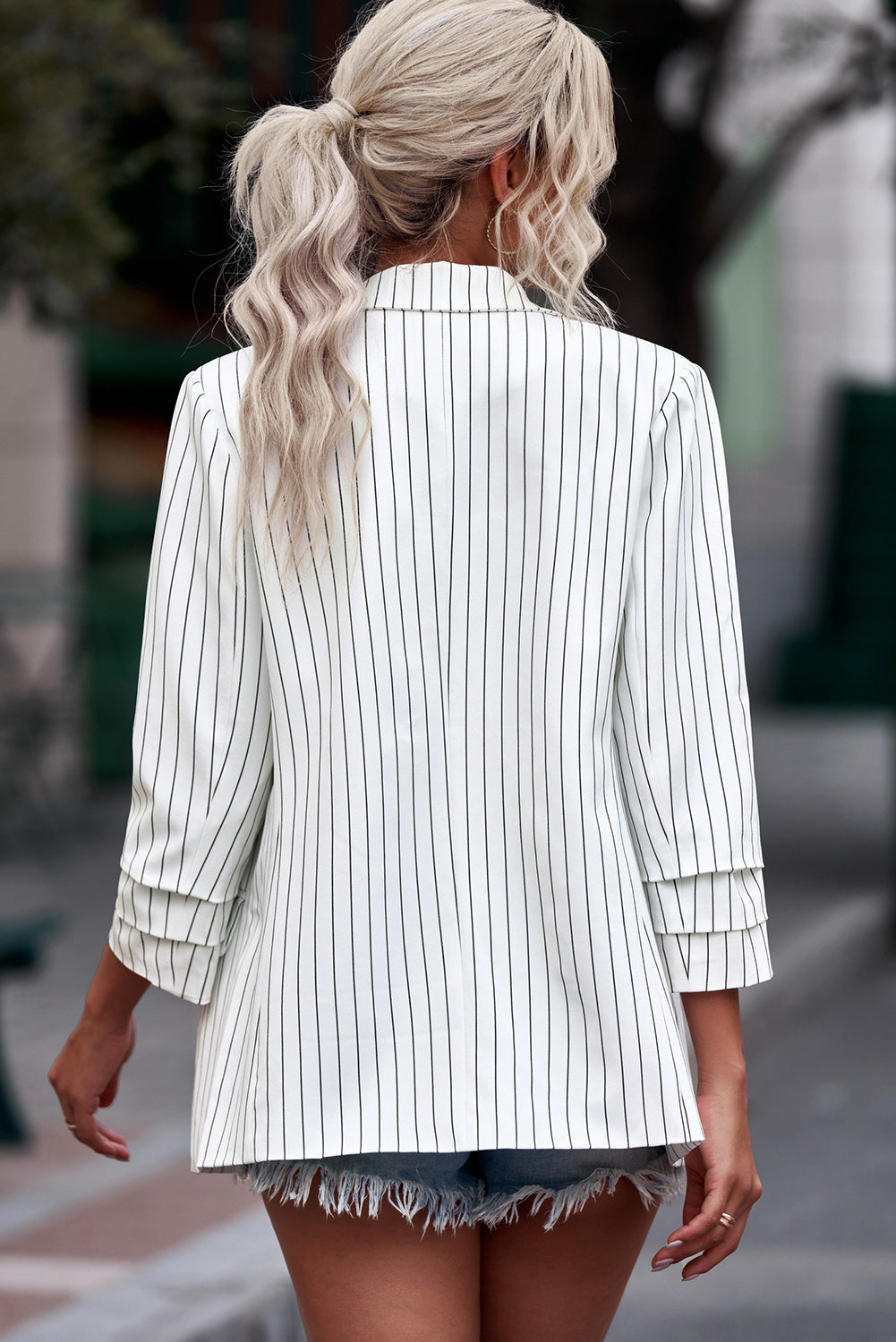 Women's Full Size SoYou Striped Double-Breasted Long Sleeve Blazer