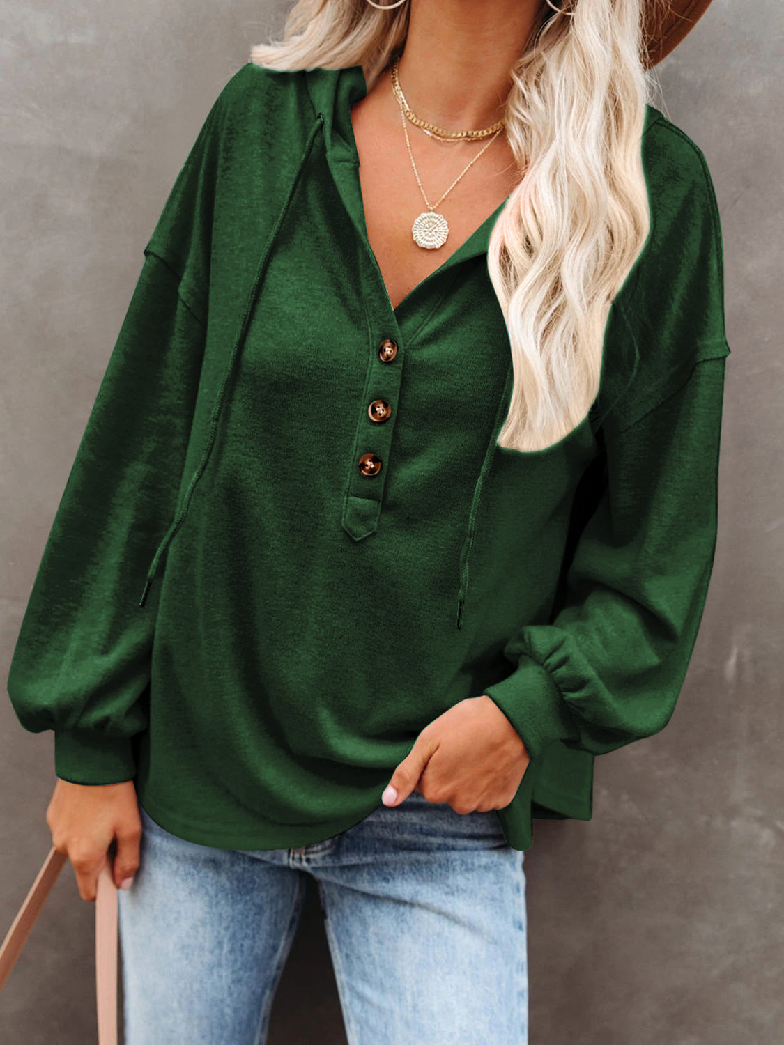 Full Size Buttoned Drop Shoulder Hoodie