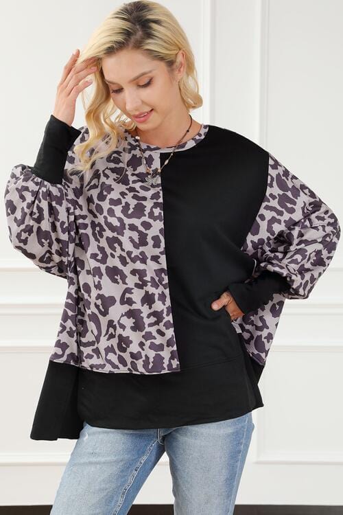 Leopard Round Neck Lantern Sleeve Slit Black Sweatshirt