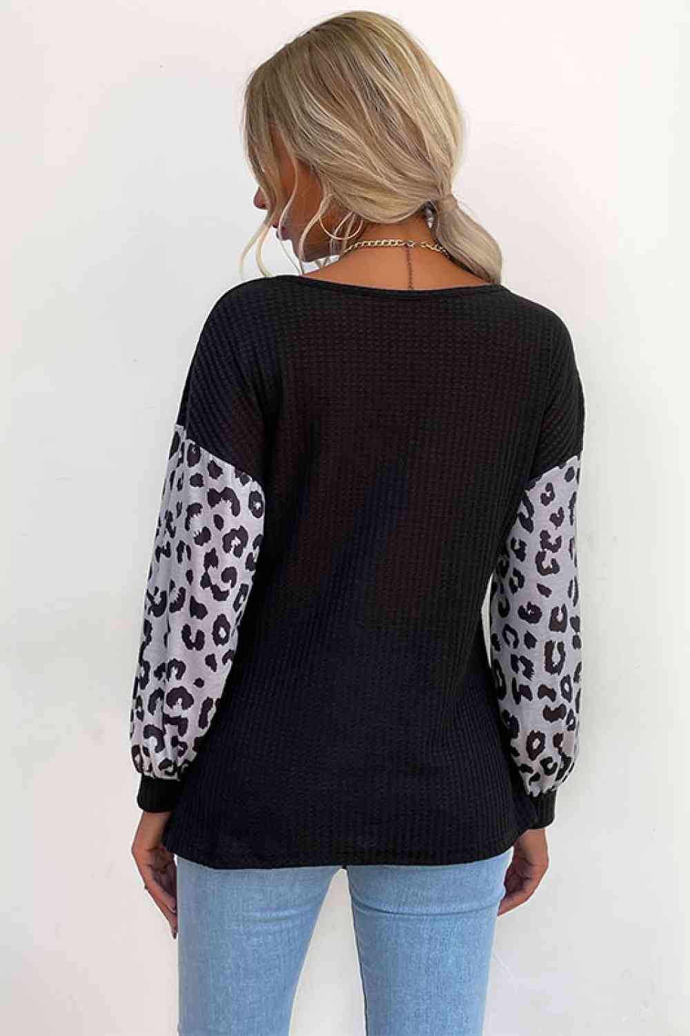 Leopard Print Sleeve Tie Front Top