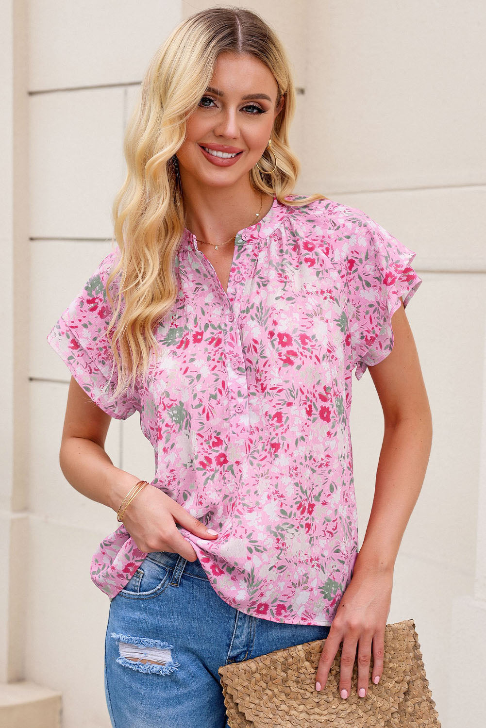 Malibu Dreams Floral Half-Button Flutter Sleeve Blouse