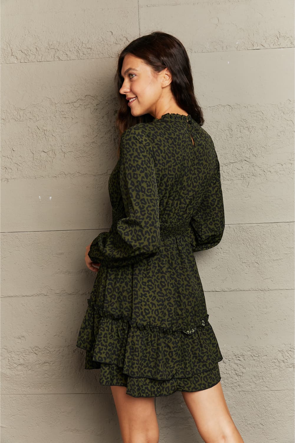 Army Green Leopard Smock Waist Long Sleeve Dress