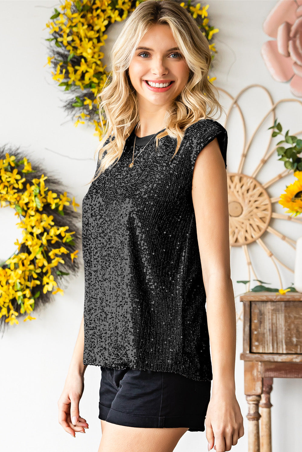 Women's Sequin Round Neck Capped Sleeve Tank